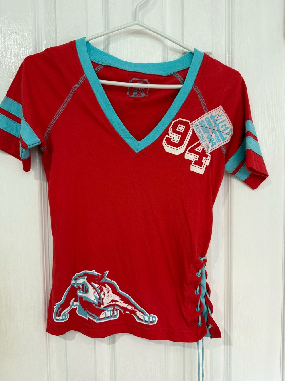 Girls' Red V-Neck Lace-Up Tee with Teal Trim